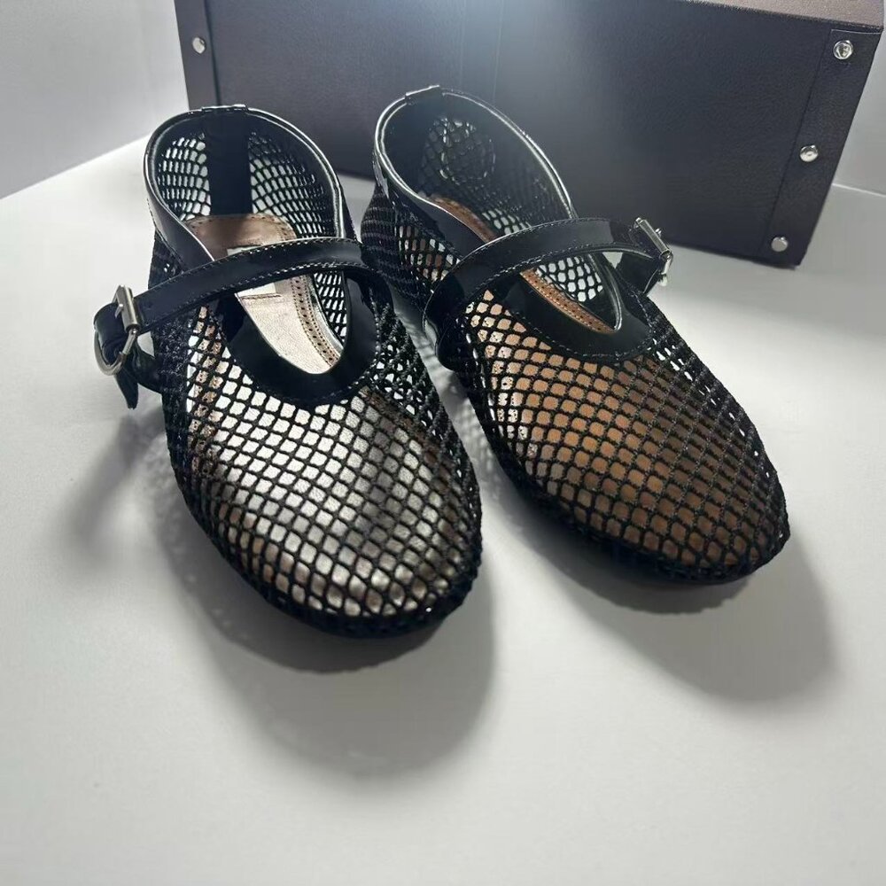 Alaia Black Mesh Flats with Patent Straps - Picture 3 of 8